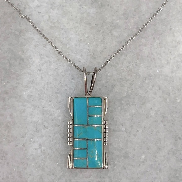 Santa Fe Style Turquoise Sterling Silver Pendant Necklace - Picture 5 of 11